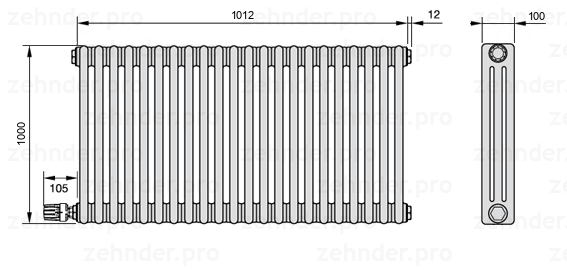 Схема (чертеж) Радиатор Zehnder Charleston 3100/22 №V003 Белый глянцевый RAL 9016